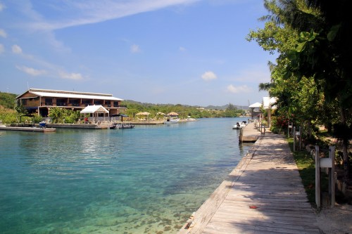 The narrow channel separating the resort from the rest of the island